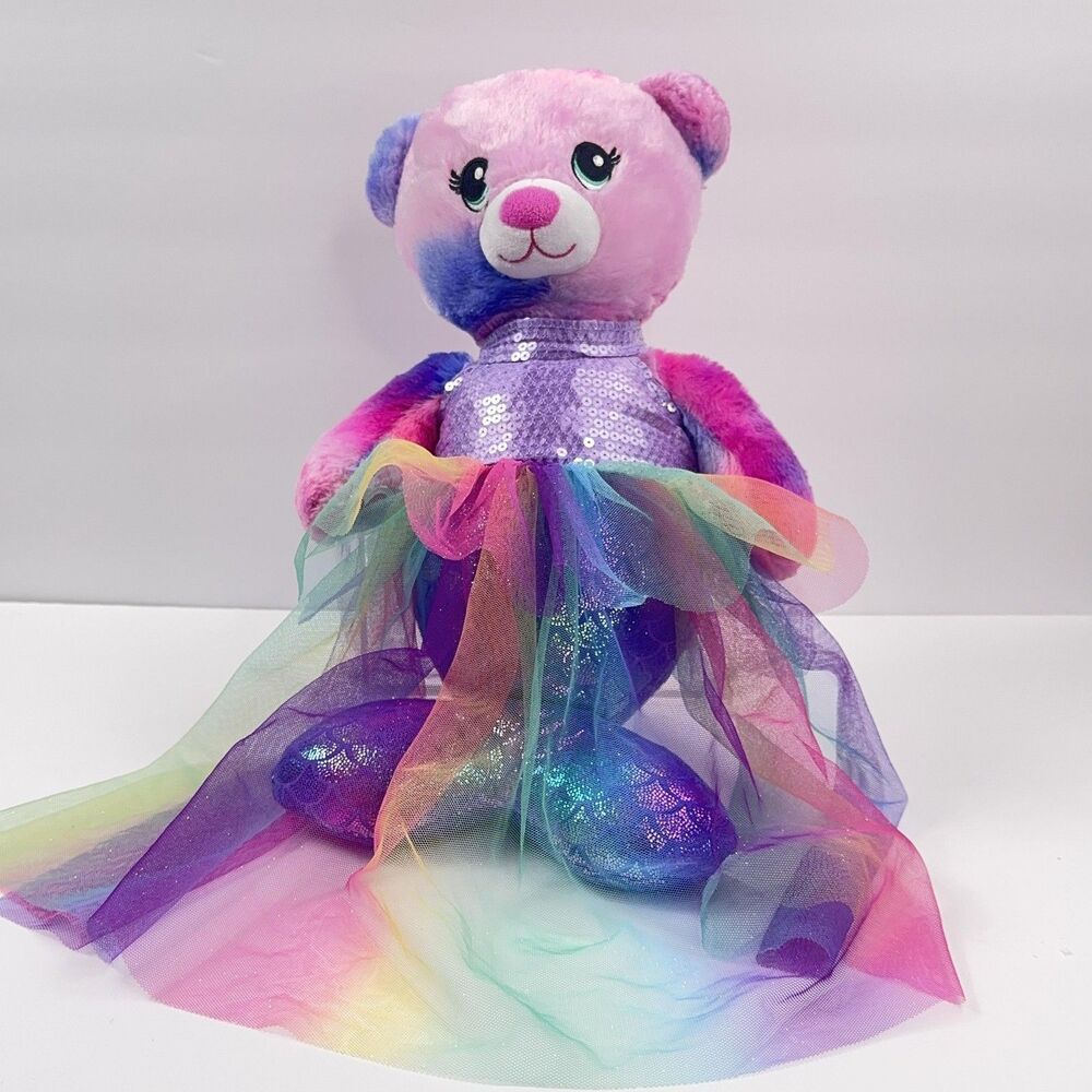 Build-A-Bear Mermaid Bear Plush Medium Pink & Blue Rainbow Dress Outfit BAB